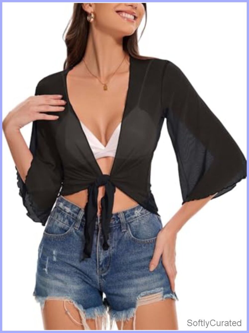 Sheer Mesh Bolero Shrug Tie Front 3/4 Sleeve Cropped Cardigan Swim Cover Up